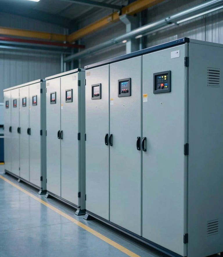 A wide shot of a modern industrial floor with rows of high-tech electrical cabinets and control systems, illuminated by professional Steel Blue lighting, Global / Industrial setting.