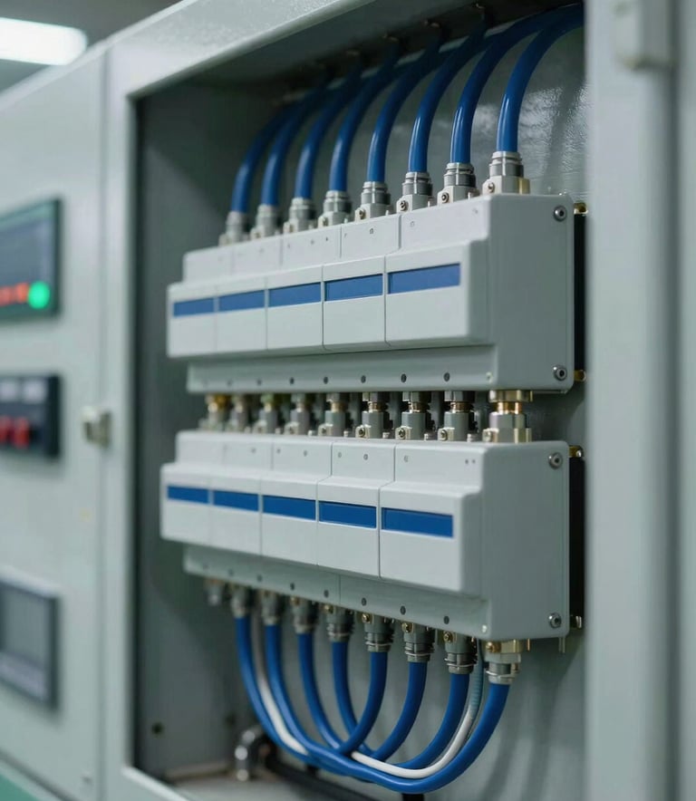 A close-up, sharp-focus photograph of a complex industrial electrical control panel with neatly organized wires in deep blue and grey-blue, indicating technical precision. Soft lighting highlights the metallic textures in a modern manufacturing facility, Global / Industrial style.