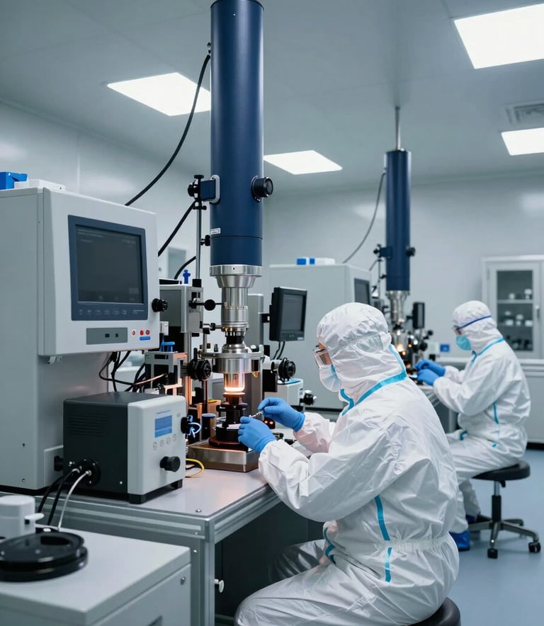 Wide-angle photograph of a state-of-the-art semiconductor cleanroom. The environment is clinical and professional, featuring high-tech equipment under cool light grey and navy blue lighting. Professional technicians in protective gear work in a Global / Industrial setting.