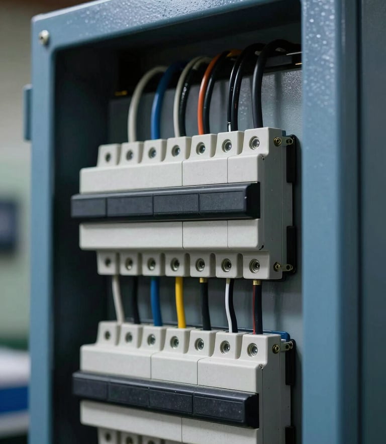 Detailed close-up photography of a sophisticated custom electrical control panel with precision wiring and Steel Blue metallic casing, Global / Industrial.