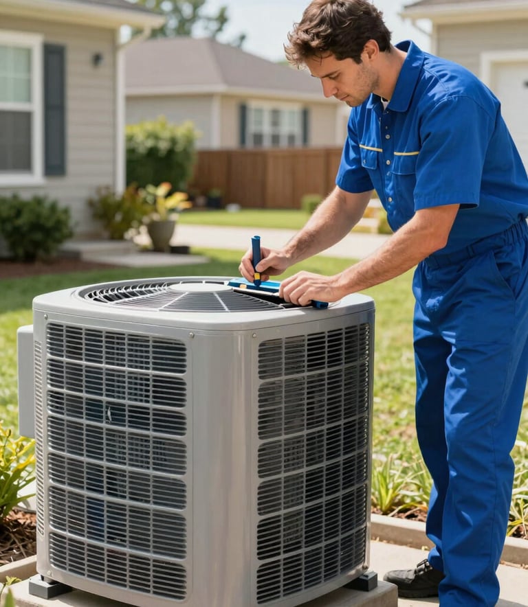A focused technician performing a maintenance check on a modern residential air conditioning unit in a North American / US suburban backyard. The scene is bright and professional, highlighting tools in steel blue and the clean metal of the unit. The environment is a well-kept garden during a clear day, conveying reliability and expertise.