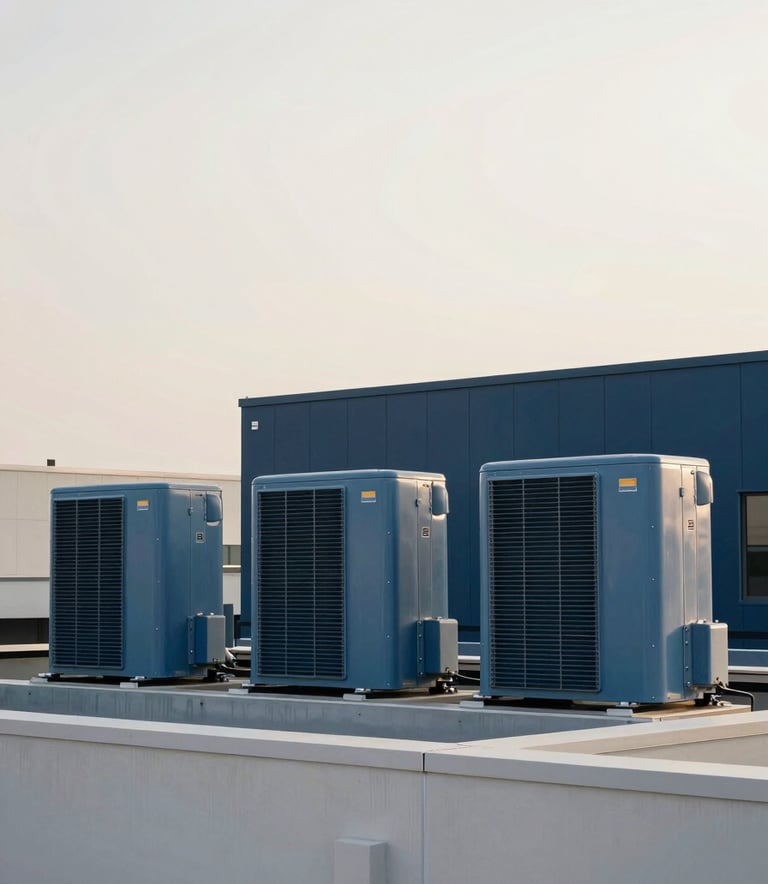 A wide-angle photography shot of a commercial rooftop HVAC system on a modern North American / US building. The sky is a soft off-white, and the equipment has clean lines in steel blue and dark navy tones. The composition is symmetrical and clean, representing modern efficiency.