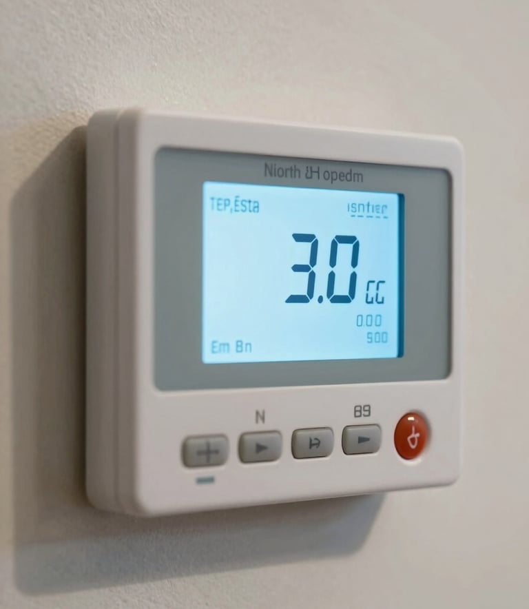 A close-up of a high-tech thermostat on a wall in a North American / US home, digital display glowing pale sky blue, clean and modern aesthetic.