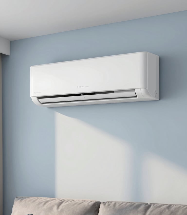 Interior of a modern North American / US living room with a sleek, wall-mounted air conditioning unit, pale sky blue walls, soft morning light.