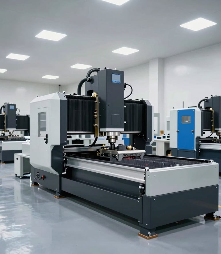 A wide, low-saturation shot of a state-of-the-art CNC machining hall. The floor is polished and clean, reflecting overhead lights. Sophisticated machinery in dark gray and steel blue occupies the space. Minimalist and high-end industrial setting.