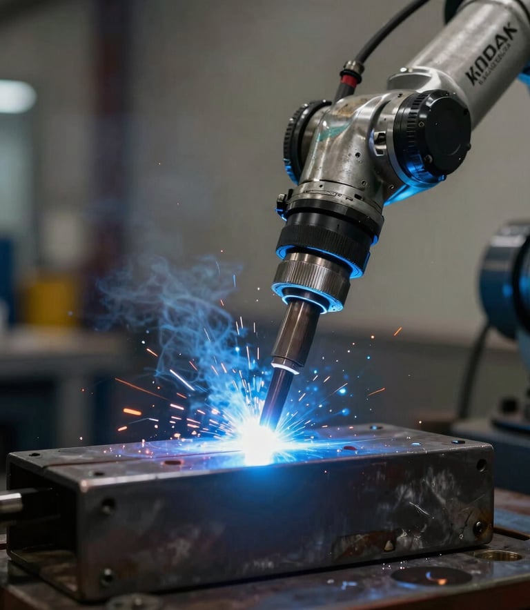 Clean, high-end photography of an industrial welding process. Focused blue light from the weld, minimalist composition showing only the steel part and the robotic arm tip. Cinematic industrial atmosphere.