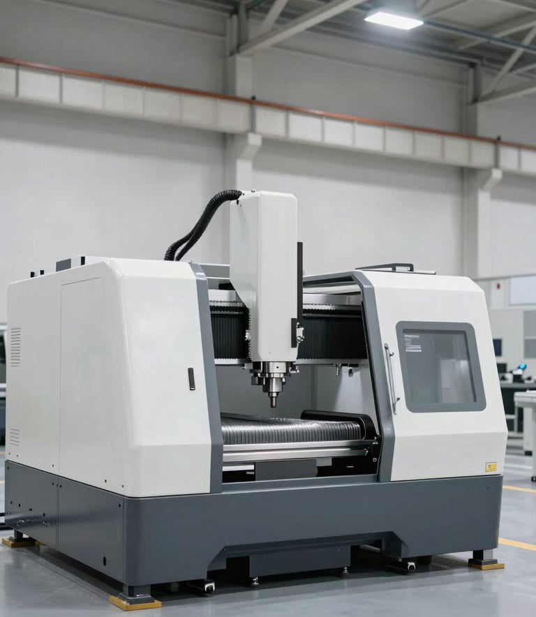 A wide-angle, minimalist photograph of a clean industrial production hall. In the foreground, a high-end CNC machine is operating with precision. The environment is orderly and spacious, featuring a palette of off-white and steel grey. The atmosphere conveys global expertise and high-end industrial manufacturing strength.