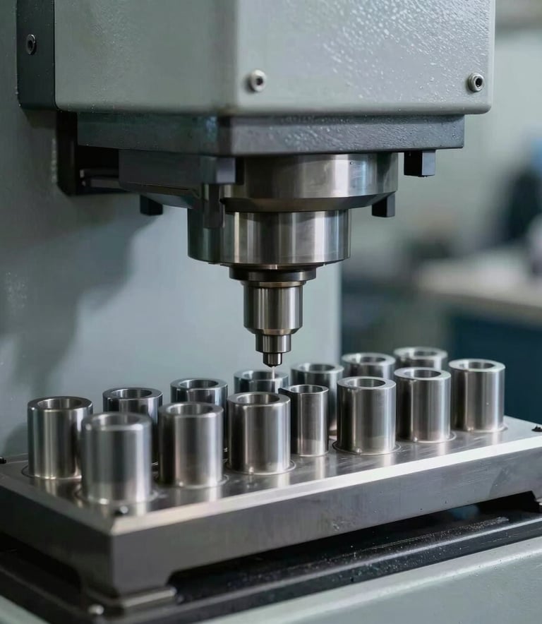 A close-up photograph of a high-pressure metal stamping press in a modern industrial setting. The machine is finishing a series of uniform steel parts with a soft metallic sheen. The lighting is crisp and cool, highlighting the low-saturation industrial texture. The composition is minimalist and professional, reflecting global manufacturing standards.