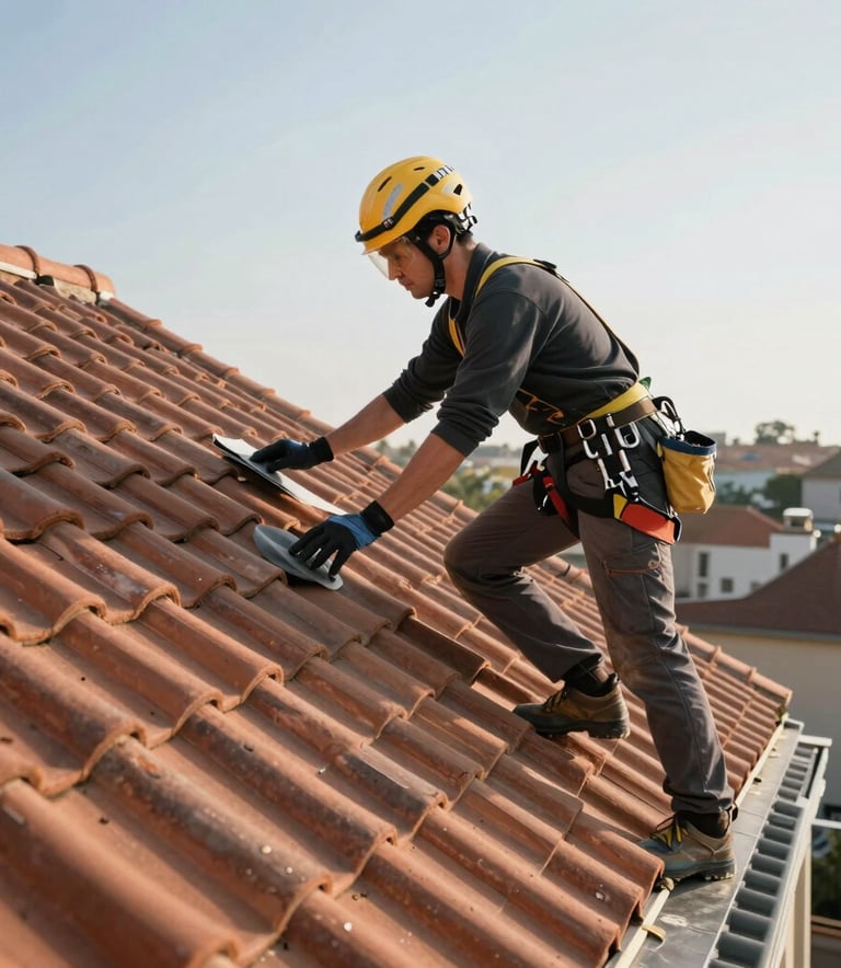 A professional roofer wearing safety gear inspecting a traditional French clay tile roof in the bright morning sun, Western European architecture, clean composition, high-quality craftsmanship style.