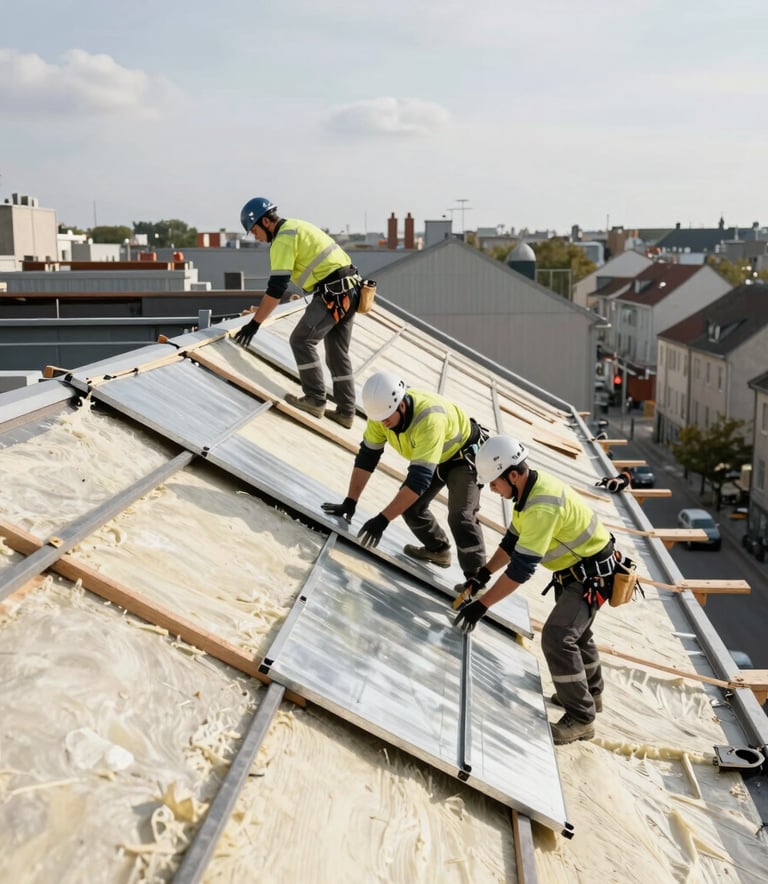 A team of roofers working on a large-scale renovation project in a Western European city. They are installing new insulation and zinc elements. The image uses a clean, bright aesthetic with shades of off-white and charcoal grey, conveying professionalism and scale.