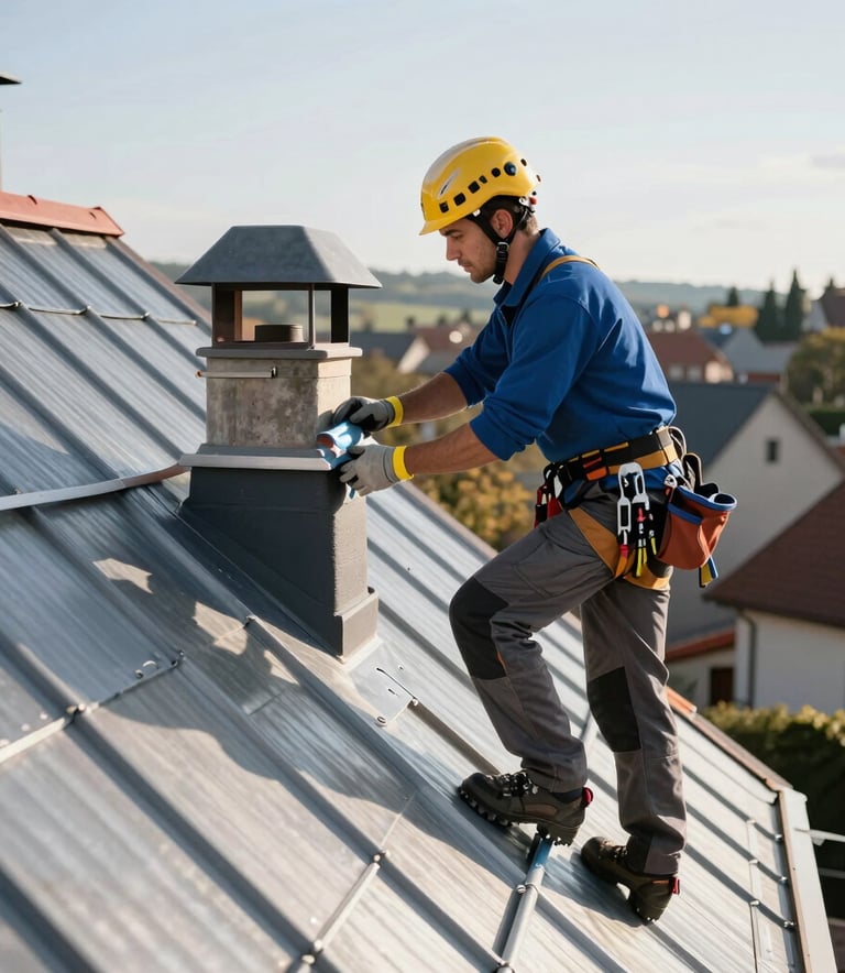 A professional roofer in modern safety gear inspecting the flashing of a chimney on a steep residential roof in a Western European village. The lighting is crisp afternoon sun, highlighting the steel blue and charcoal grey tones of the roofing materials. High-quality photography with a clean, trustworthy feel.