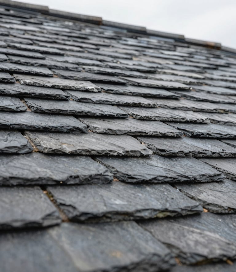 Close-up photography of perfectly aligned natural slate roof tiles on a French house, showcasing precise craftsmanship and water-tight installation, sharp focus, overcast soft lighting.