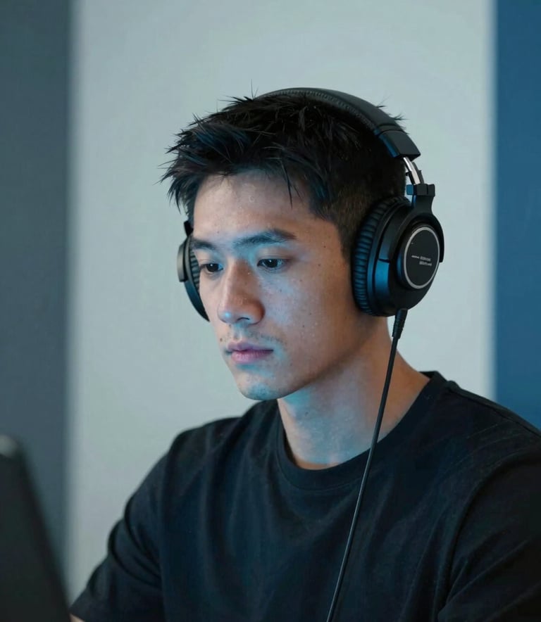 A portrait of a focused musician wearing modern headphones, illuminated by soft blue light. The background is a clean, minimalist space with accents of pale mist and dark slate blue.