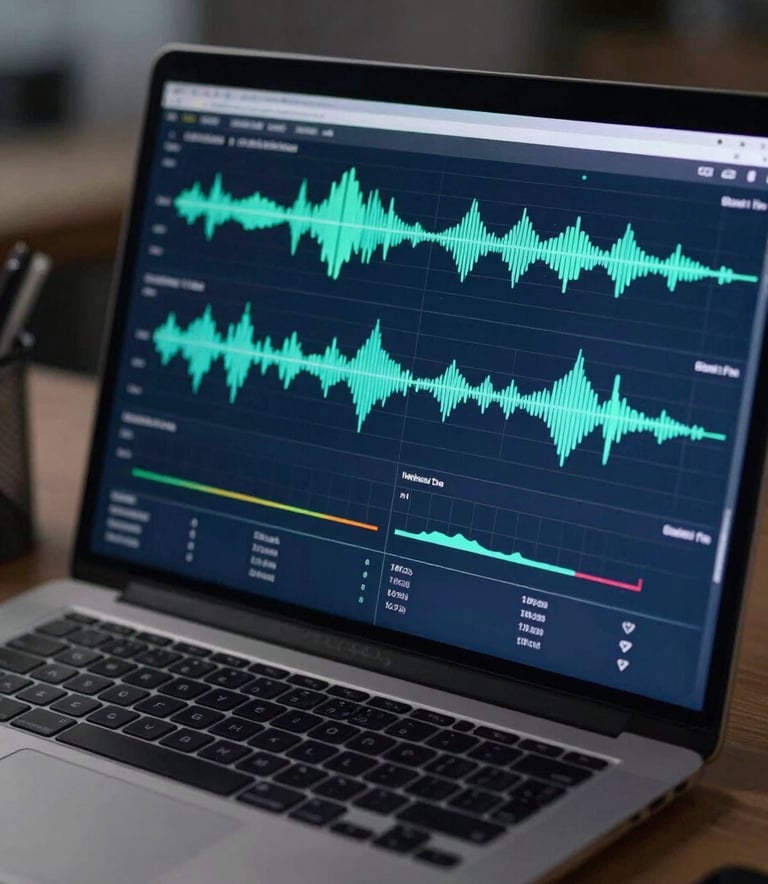 Close-up of a high-resolution laptop screen displaying music waveforms and data charts. The environment is a professional office with a color palette of deep slate blue and dark charcoal.