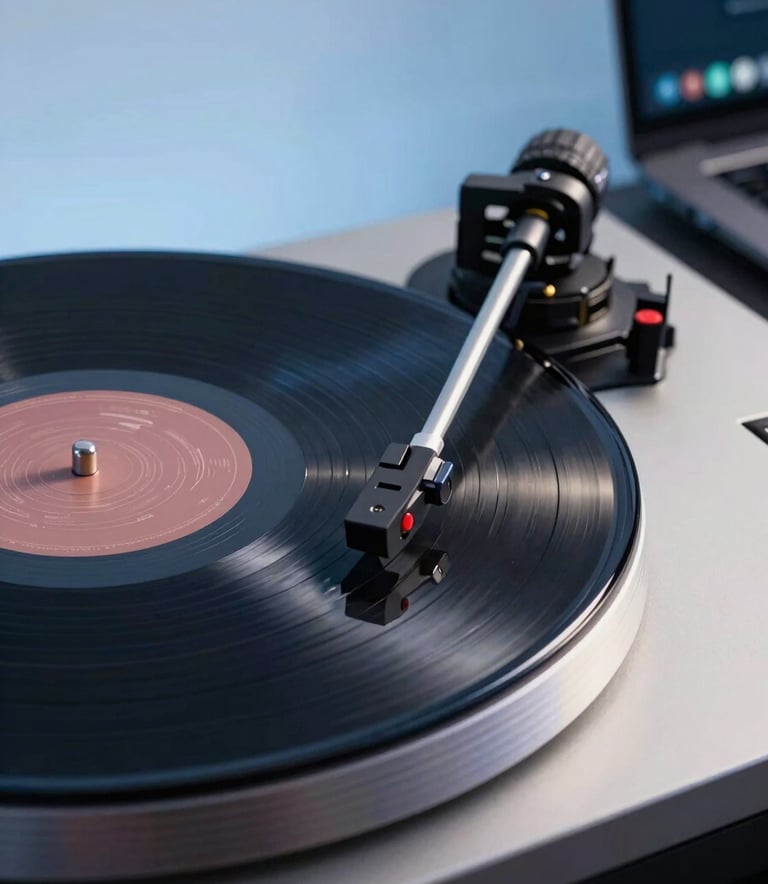 A close-up photograph of a professional vinyl record player in a studio with soft dusty sky blue ambient lighting. The atmosphere is sophisticated and sleek, with reflections of a modern digital workspace in the background.