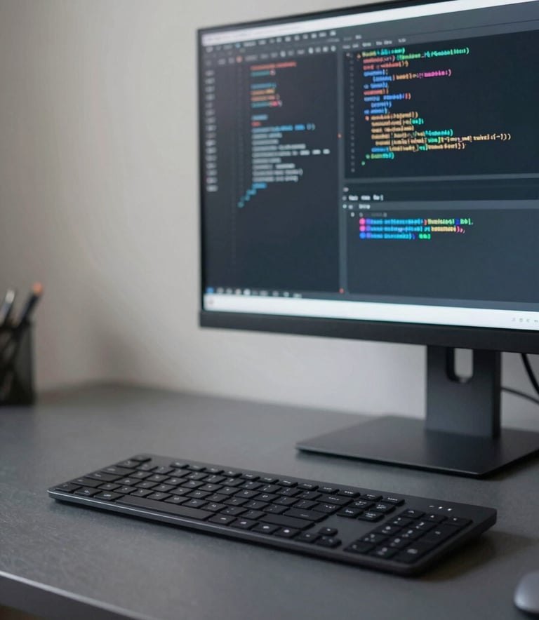 A close-up photograph of a sleek, minimalist keyboard and a high-resolution monitor displaying clean lines of code in a professional North American / US home office. The desk is a dark slate grey, and the walls are a soft off-white. The lighting is focused and cool, creating a mood of efficiency and modern innovation.