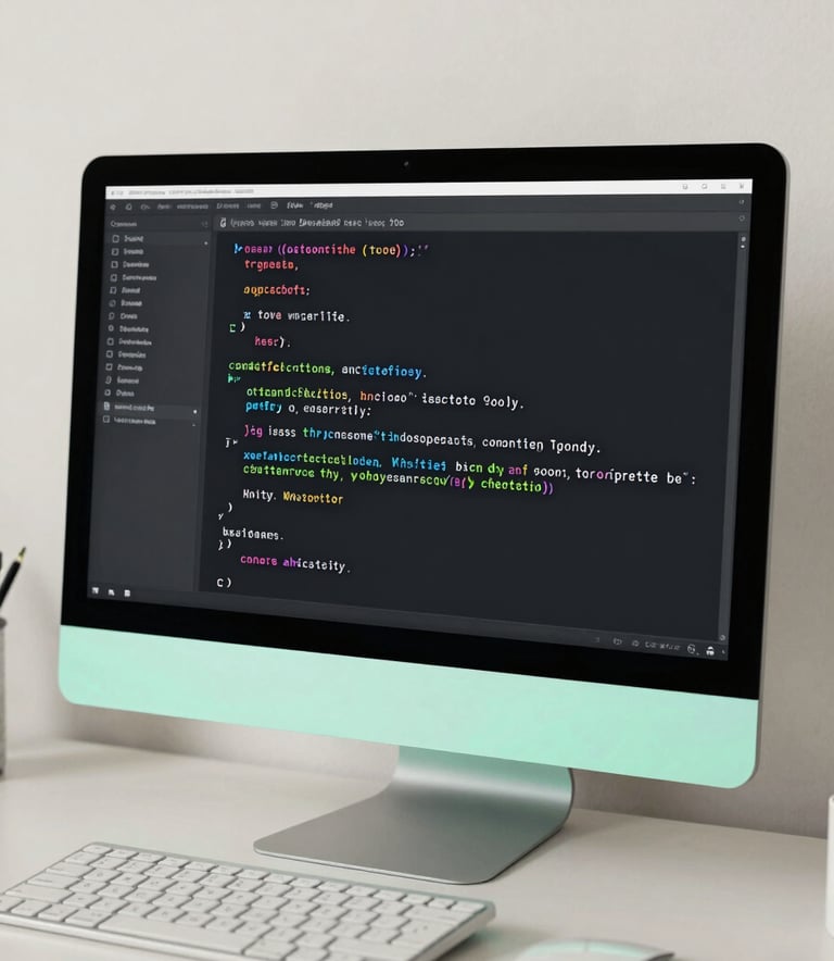 Close-up photography of clean code displayed on a sleek monitor in a minimalist North American / US workspace. The scene uses a soft off-white palette with bright seafoam green accents from LED backlighting, emphasizing technical innovation.