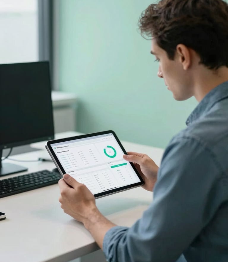 A professional in a modern North American / US office environment using a tablet to view a clean, minimalist data dashboard. The composition is sleek and competent, featuring muted slate blue and seafoam green tones.