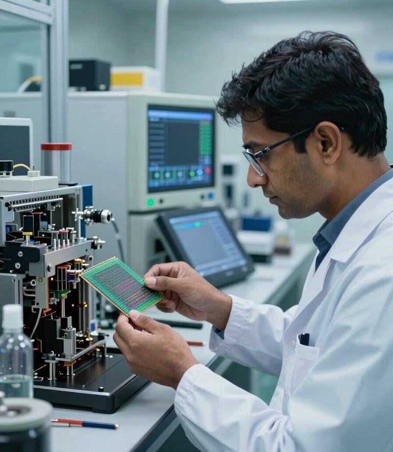 A high-tech semiconductor manufacturing cleanroom environment in India, featuring a professional in a lab suit inspecting a silicon wafer with sophisticated digital tools, soft blue lighting, high-tech and modern atmosphere.