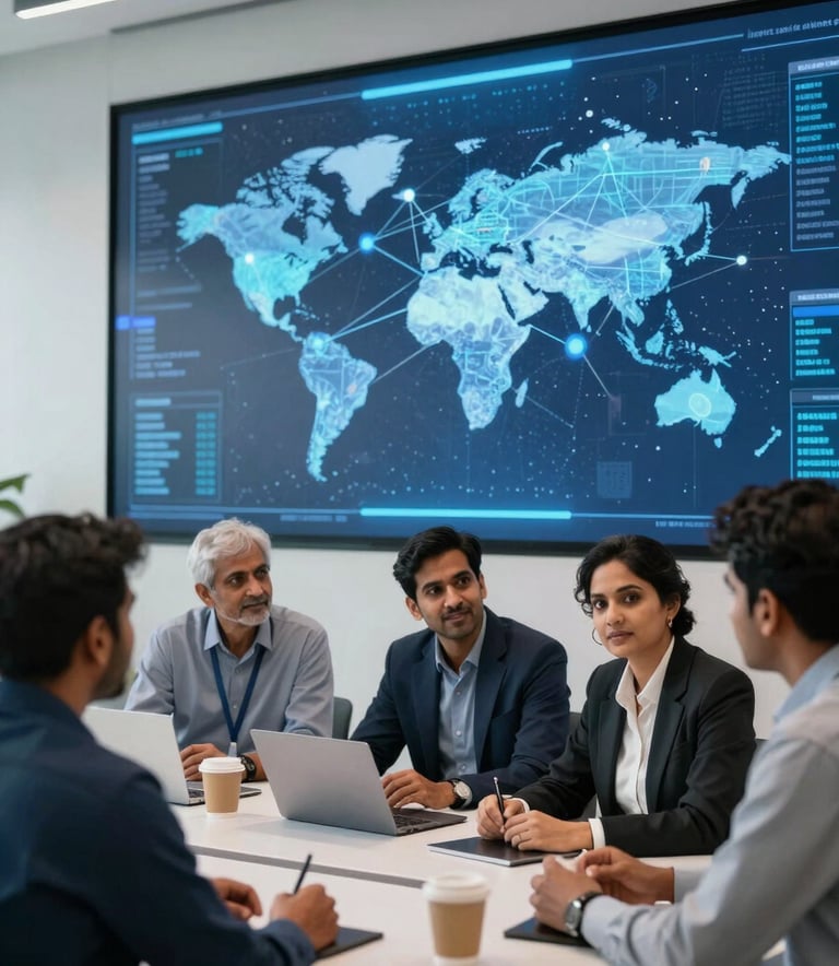 A group of South Asian / Indian technology professionals in a modern, brightly lit office, looking at a large screen with abstract data patterns representing AI and global connections, in a professional setting with deep navy and light blue accents.