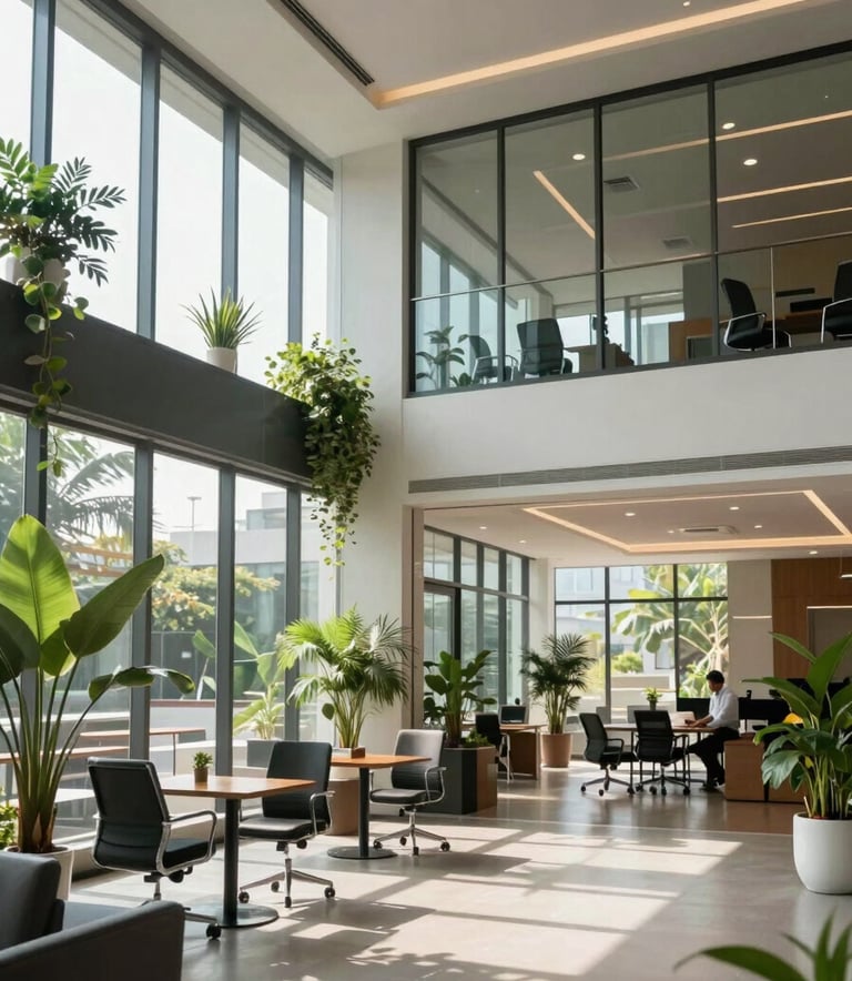 A bright and airy modern office lobby in a South Asian tech hub like Visakhapatnam, featuring glass walls, indoor plants, and a professional atmosphere with soft sunlight filtering through large windows.