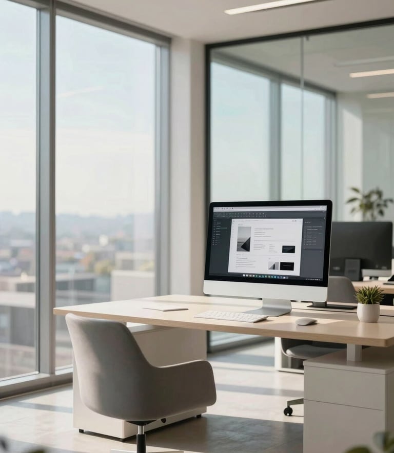 A clean, bright North American office interior with large glass windows and minimalist furniture. A high-resolution monitor in the background displays elegant, sophisticated design work. Professional atmosphere with soft morning sunlight in off-white and muted blue tones.