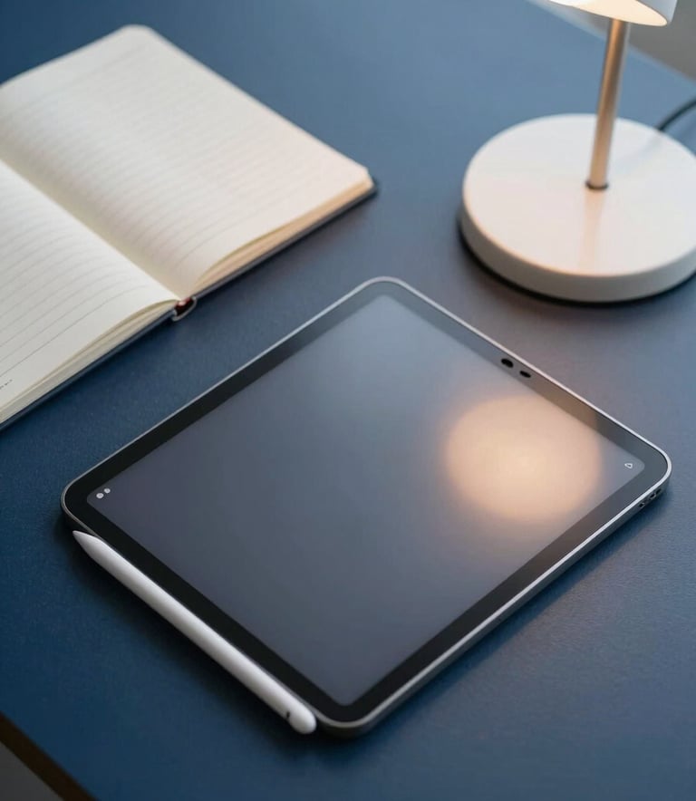 A high-angle shot of a designer's desk in North America. Features include an Android tablet with a stylus, a clean notebook, and a modern desk lamp. The palette is dominated by dark blue and off-white tones.
