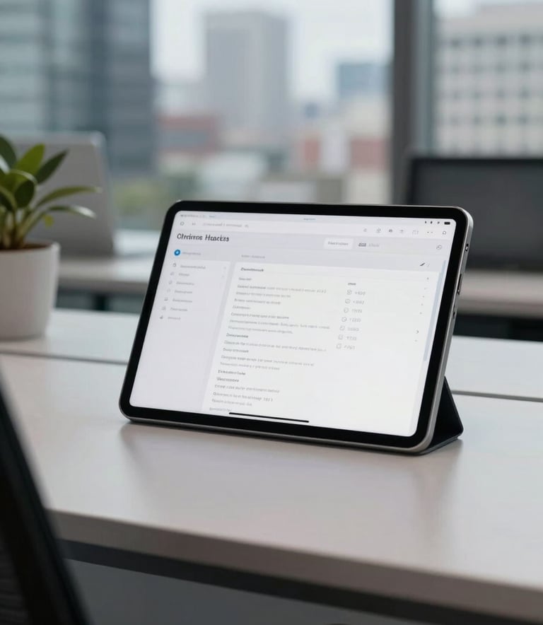 Professional photography of a tech workspace in a North American city office, showing a clean desk with a high-resolution tablet displaying a minimalist interface, soft overcast light.