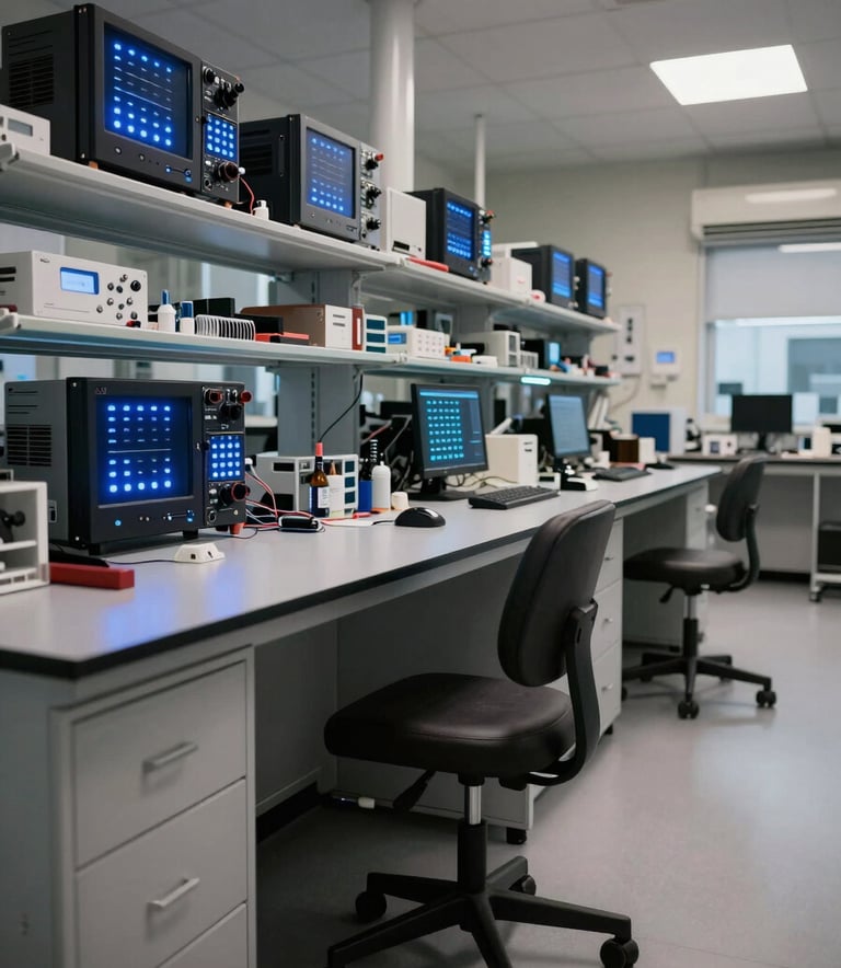 Wide-angle interior photography of a sophisticated technology laboratory in North America, featuring organized hardware and glowing navy blue indicator lights, cinematic and professional atmosphere.