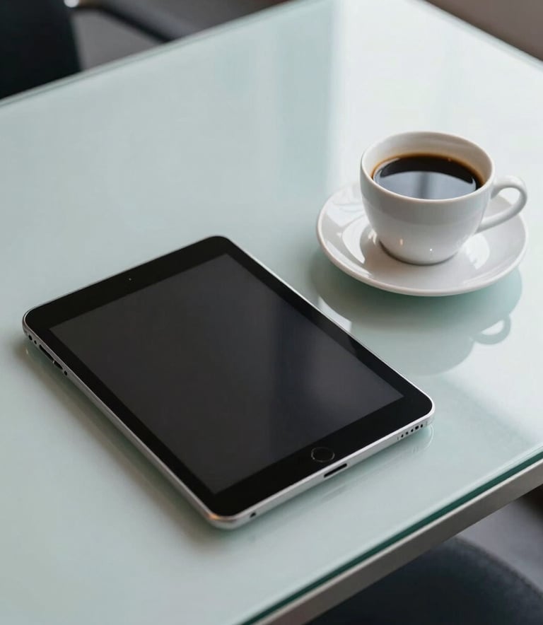 A high-angle photograph of a modern glass-top desk with a tablet and a cup of black coffee in a clean, professional North American environment.