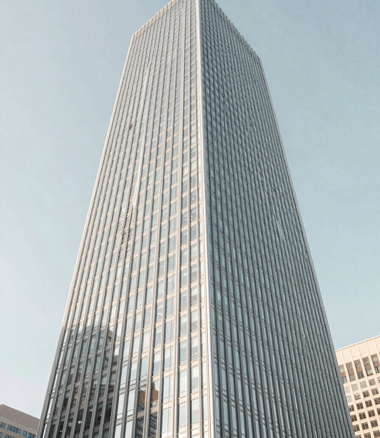 A sharp, low-angle shot of a modern glass skyscraper in a North American business district against a clear sky, utilizing a color palette of soft white and pale blue gray for a professional and minimalist feel.