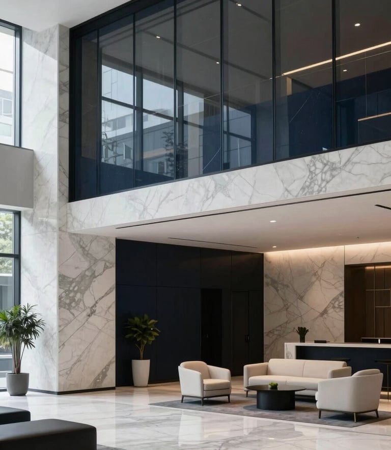 A professional portrait of a clean, modern building lobby in North America, featuring sleek marble and glass textures with minimalist furniture in a color palette of dark onyx navy and soft white.
