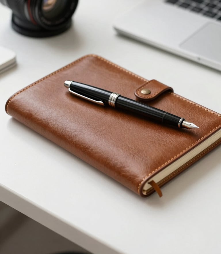 A close-up of a high-quality, professional leather notebook and a sleek fountain pen resting on a clean white desk in a bright North American office setting.