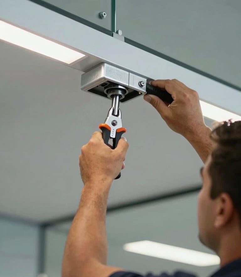 A close-up photograph of a professional worker installing a sleek, modern aluminum and glass ceiling in a South American / Brazilian corporate office, focusing on precision tools and silver mist accents.