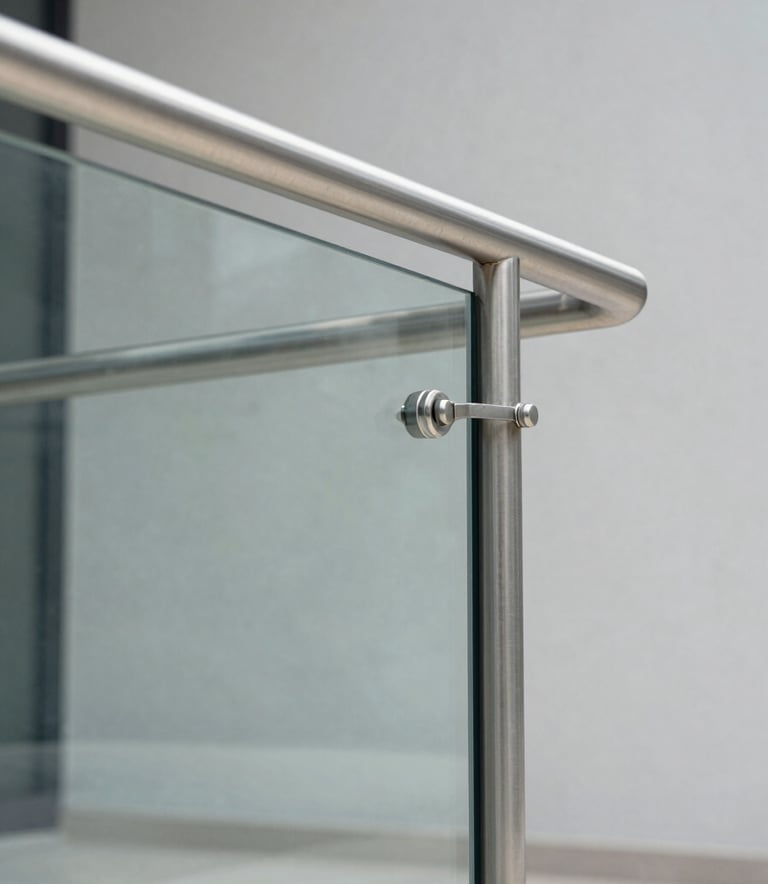 A detailed close-up shot of a polished stainless steel handrail meeting a glass panel in a contemporary South American / Brazilian luxury building. The lighting is bright and natural, reflecting Muted Steel Blue and Pearl Grey tones. Minimalist composition, professional architectural photography style.
