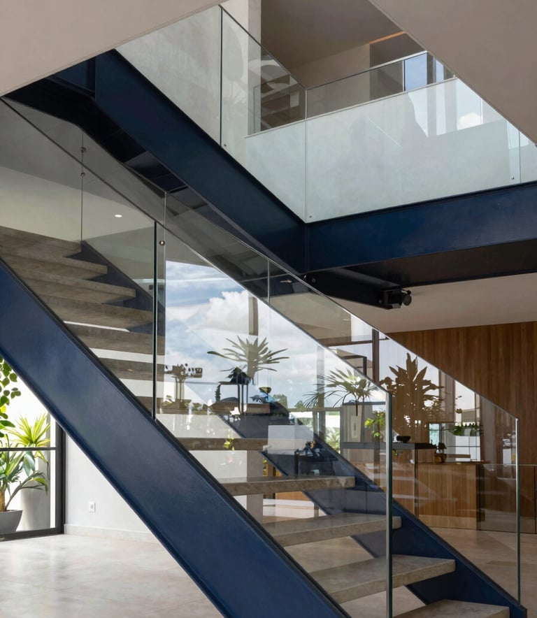 Professional architectural photography of a dark navy steel and glass staircase in a modern South American / Brazilian residential lobby, emphasizing geometric symmetry and reflections.