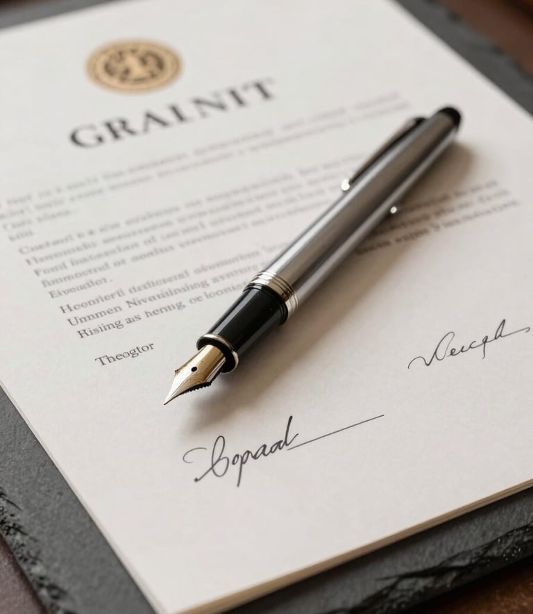 A close-up of a high-quality fountain pen resting on a signed legal contract with official seals in a North American legal office. Soft lighting, professional slate gray and off-white color palette.
