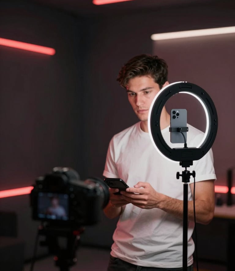 A high-end studio setting with a creator using a professional ring light and camera to record a TikTok Shop product review. The background features sleek architectural lines in shades of #0D0D0D and #330000, with a subtle red glow from neon tubes. Professional, authoritative atmosphere.