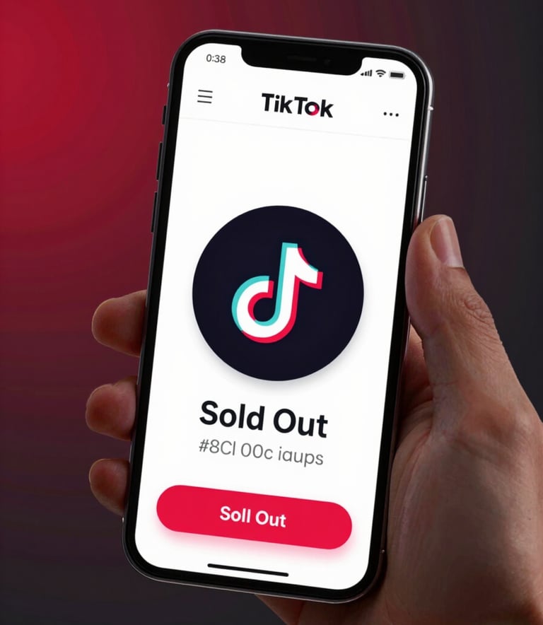 A dynamic composition showing a smartphone screen displaying a TikTok Shop interface with a 'Sold Out' badge, surrounded by blurred motion elements in #8C0000 and #0D0D0D. The style is modern, energetic, and high-tech.