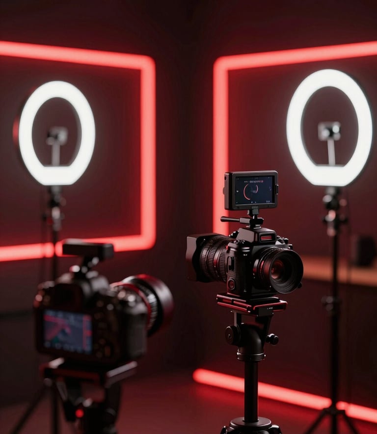 A high-end cinematic shot of a professional live streaming setup with ring lights, high-end cameras, and red neon accents in a dark studio setting. The atmosphere is energetic and dynamic, featuring the RED ECHELON color palette #0D0D0D and #8C0000.