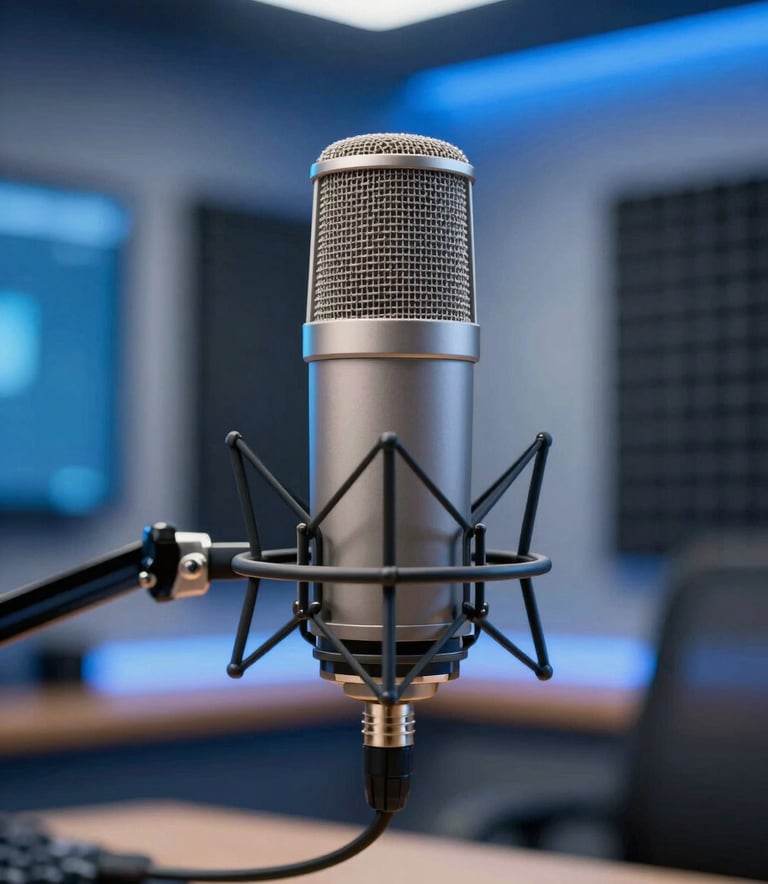A professional broadcast microphone in a modern radio studio, soft blue ambient lighting #3A7CA5 in the background, clean and professional setting with soundproofing panels, incorporating brand palette colors, high-quality photography.