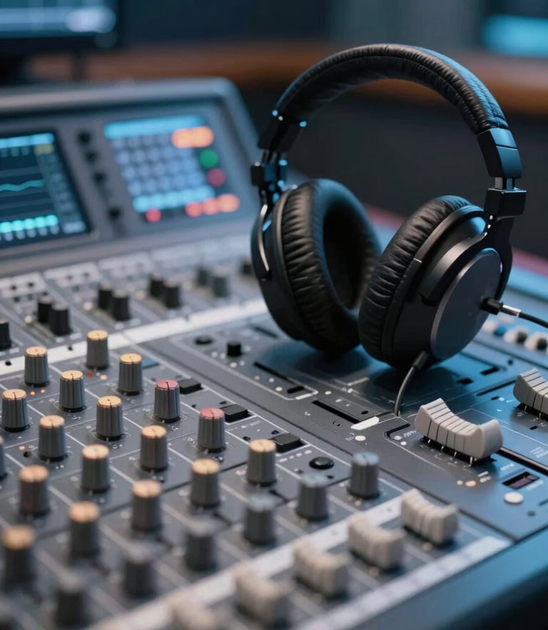 A close-up of a high-end studio mixing console and professional headphones in a modern radio station. The lighting is crisp with soft #3A7CA5 blue reflections, creating a professional and inviting technological atmosphere.