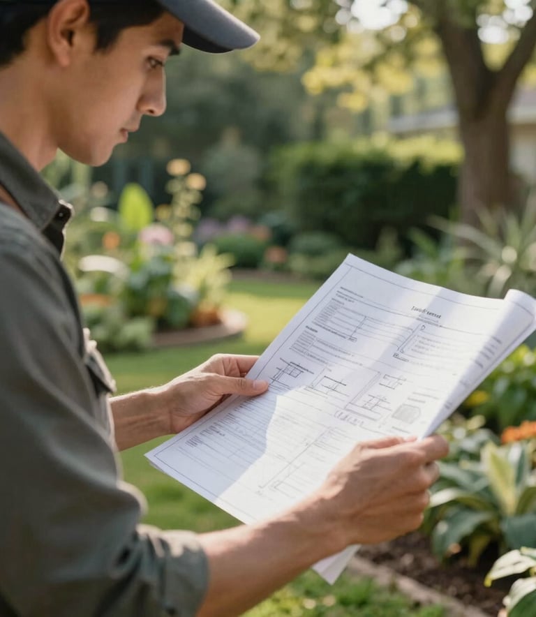 A close-up photograph of a professional landscape designer in outdoor work attire reviewing blueprints in a lush, green North American garden, with soft sunlight filtering through the trees and a sense of focused expertise.