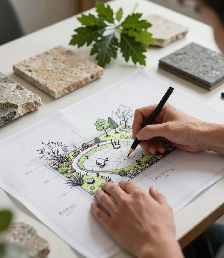 A high-angle shot of a landscape architect's hands sketching a professional garden layout on a blueprint, surrounded by samples of natural stone and Forest Green foliage in a well-lit studio in North American / US.
