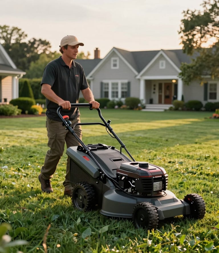 A side-view action shot of a professional landscaper operating a high-end lawn mower across a lush, emerald green estate in the North American / US region, during the golden hour.