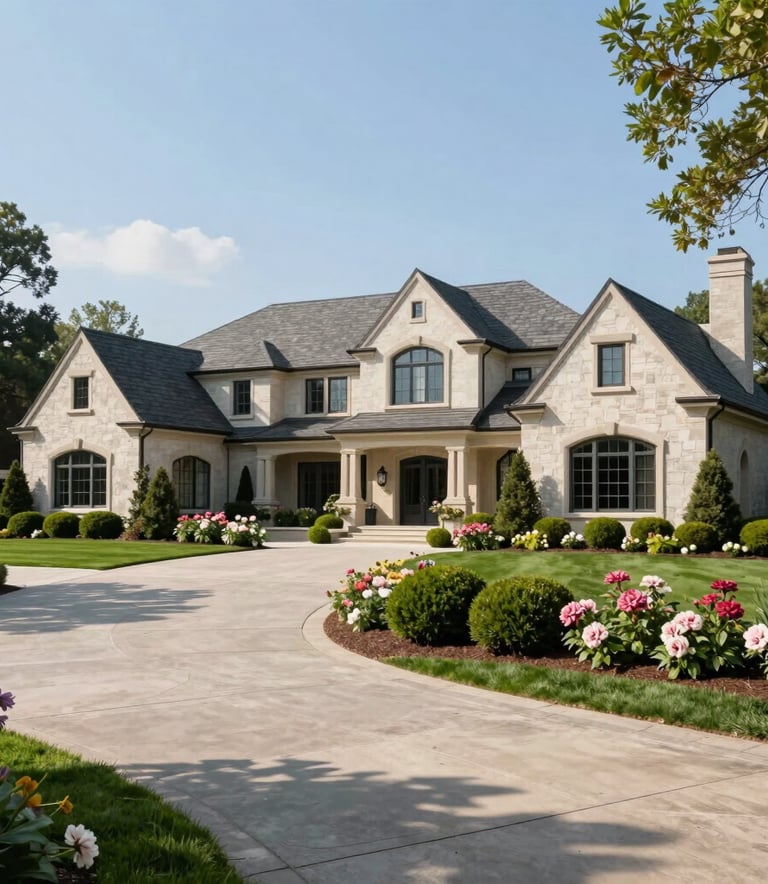 An elegant North American estate featuring a sophisticated driveway landscape with layered deep green shrubs, flowering perennials, and a perfectly maintained lawn under a clear blue sky.