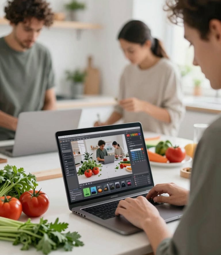 A behind-the-scenes shot of a Pomodoro team member editing photos on a laptop in a bright kitchen studio. Fresh produce like tomatoes (#A13E3E) and herbs (#3C614C) are arranged on the counter. The atmosphere is professional yet inviting.