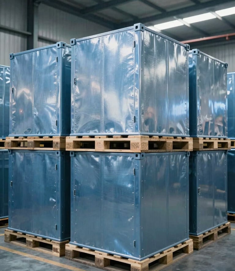 A clean, high-tech warehouse for chemical logistics in a Middle Eastern / Turkish industrial district. Stacks of professional steel blue containers are organized on pallets. The lighting is bright and industrial, emphasizing a modern and efficient facility.