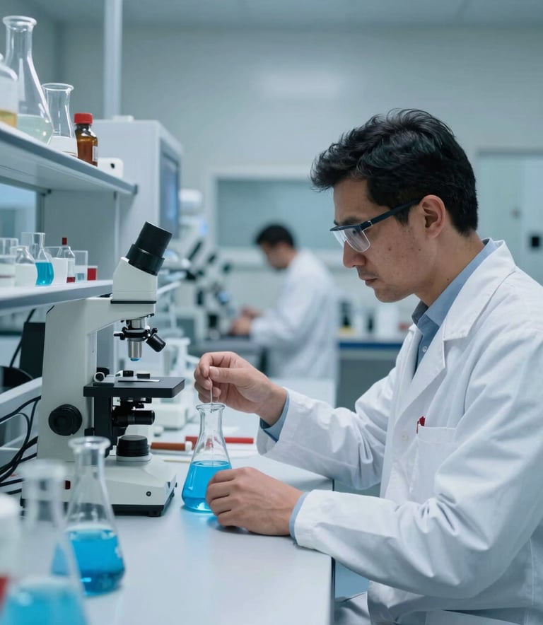 Photography of a professional scientist in a modern Middle Eastern / Turkish industrial laboratory. The scene is illuminated with soft sky blue lighting, highlighting advanced glass equipment and ocean blue chemical solutions on a bright sterile white surface.