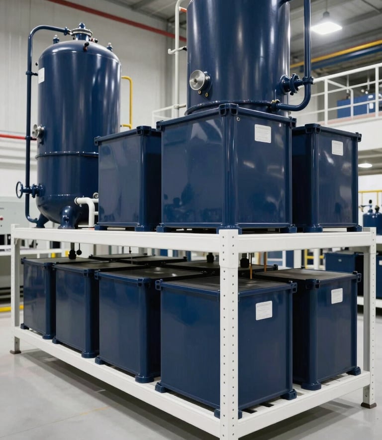 Professional wide-angle photography of a clean chemical distribution facility in a Middle Eastern / Turkish industrial park. Features deep navy blue industrial containers organized on bright sterile white shelving under high-key lighting.